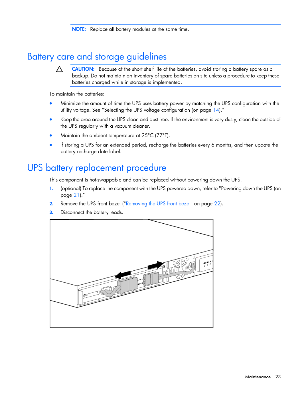 HP R1500 G3 UPS manual Battery care and storage guidelines, UPS battery replacement procedure 