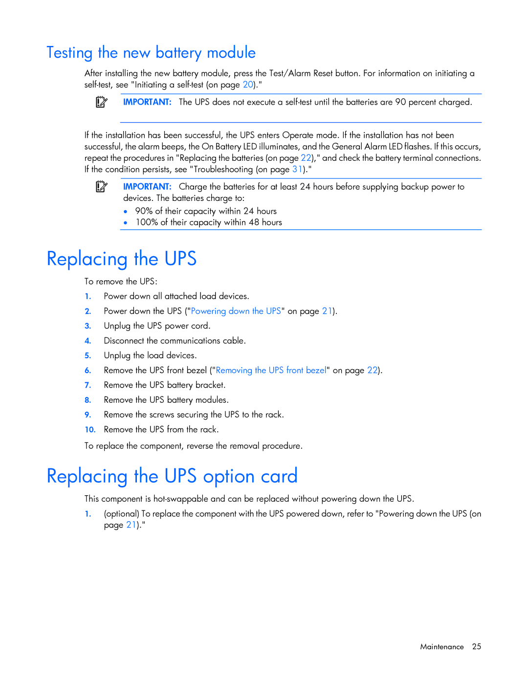 HP R1500 G3 UPS manual Replacing the UPS option card, Testing the new battery module 