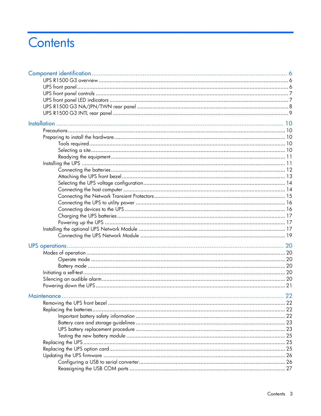 HP R1500 G3 UPS manual Contents 