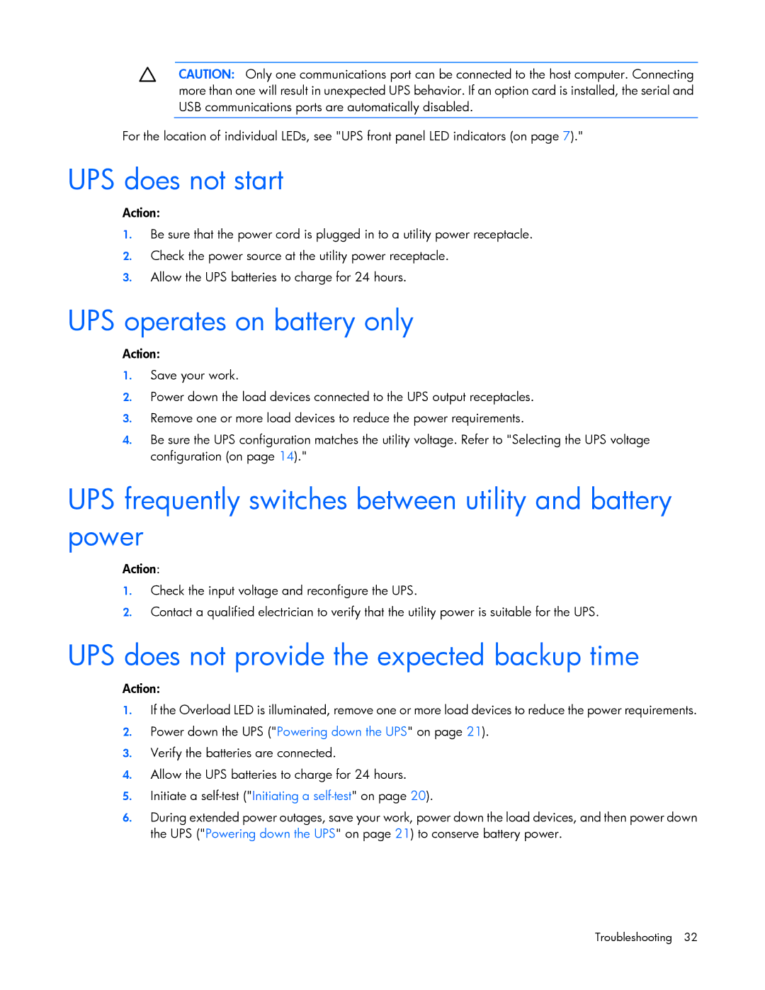 HP R1500 G3 UPS manual UPS does not start, UPS operates on battery only, UPS does not provide the expected backup time 