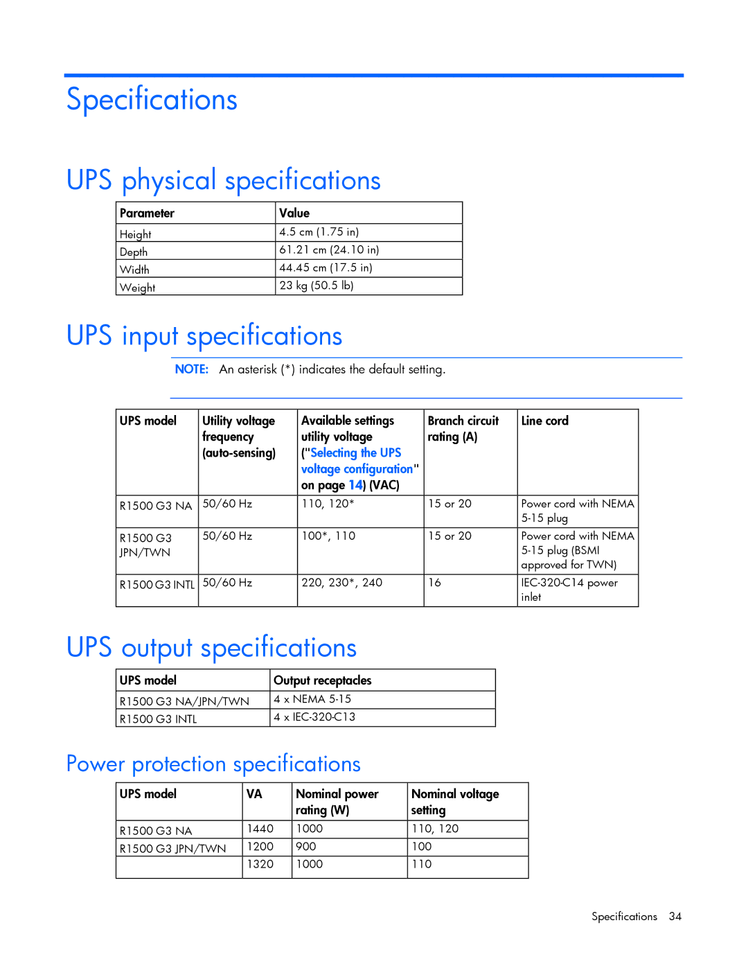 HP R1500 G3 UPS manual Specifications, UPS physical specifications, UPS input specifications, UPS output specifications 