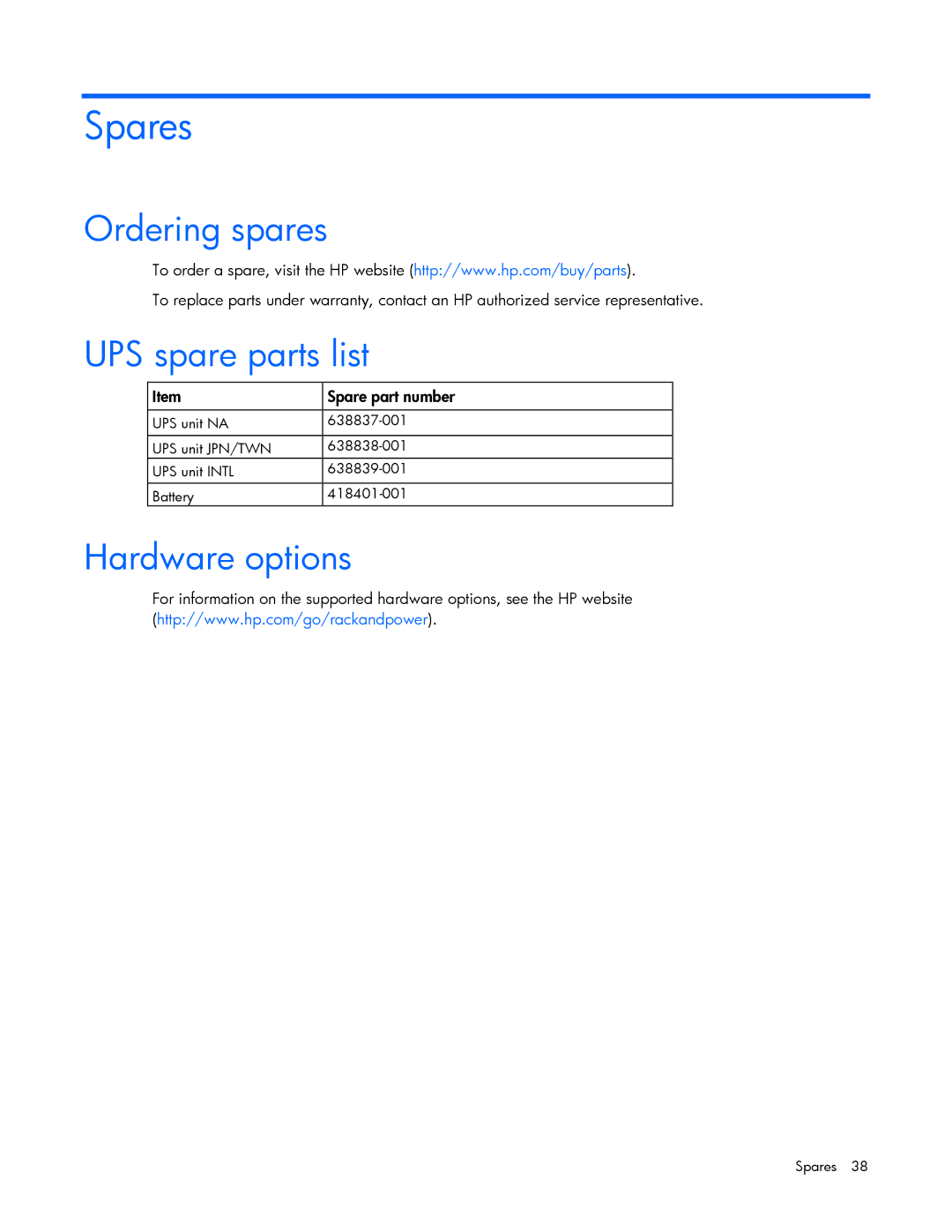 HP R1500 G3 UPS manual Spares, Ordering spares, UPS spare parts list, Hardware options, Spare part number 