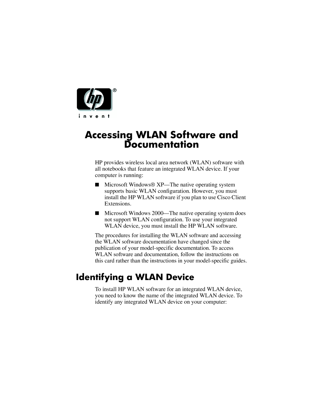 HP R3050US, R3060US, R3056RS, R3038CL, R3001, R3002 manual Accessing Wlan Software Documentation, Identifying a Wlan Device 