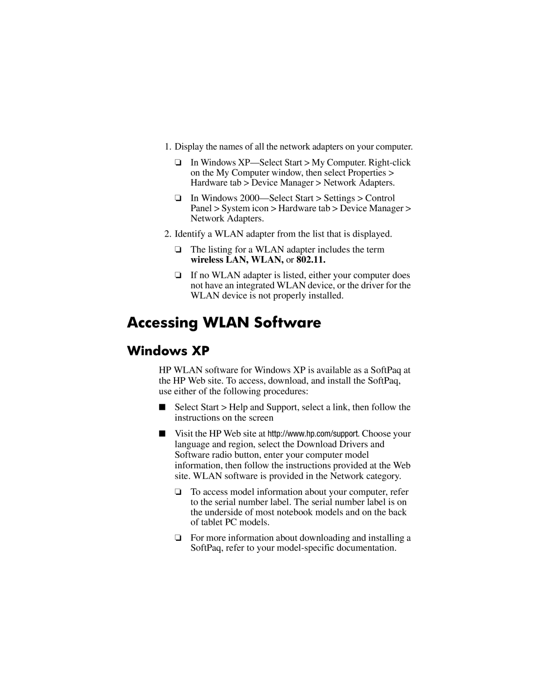 HP R3056RS, R3060US, R3050US, R3038CL, R3001, R3000 (AMD), R3002, R3003XX, R3030US, R3004XX Accessing Wlan Software, Windows XP 