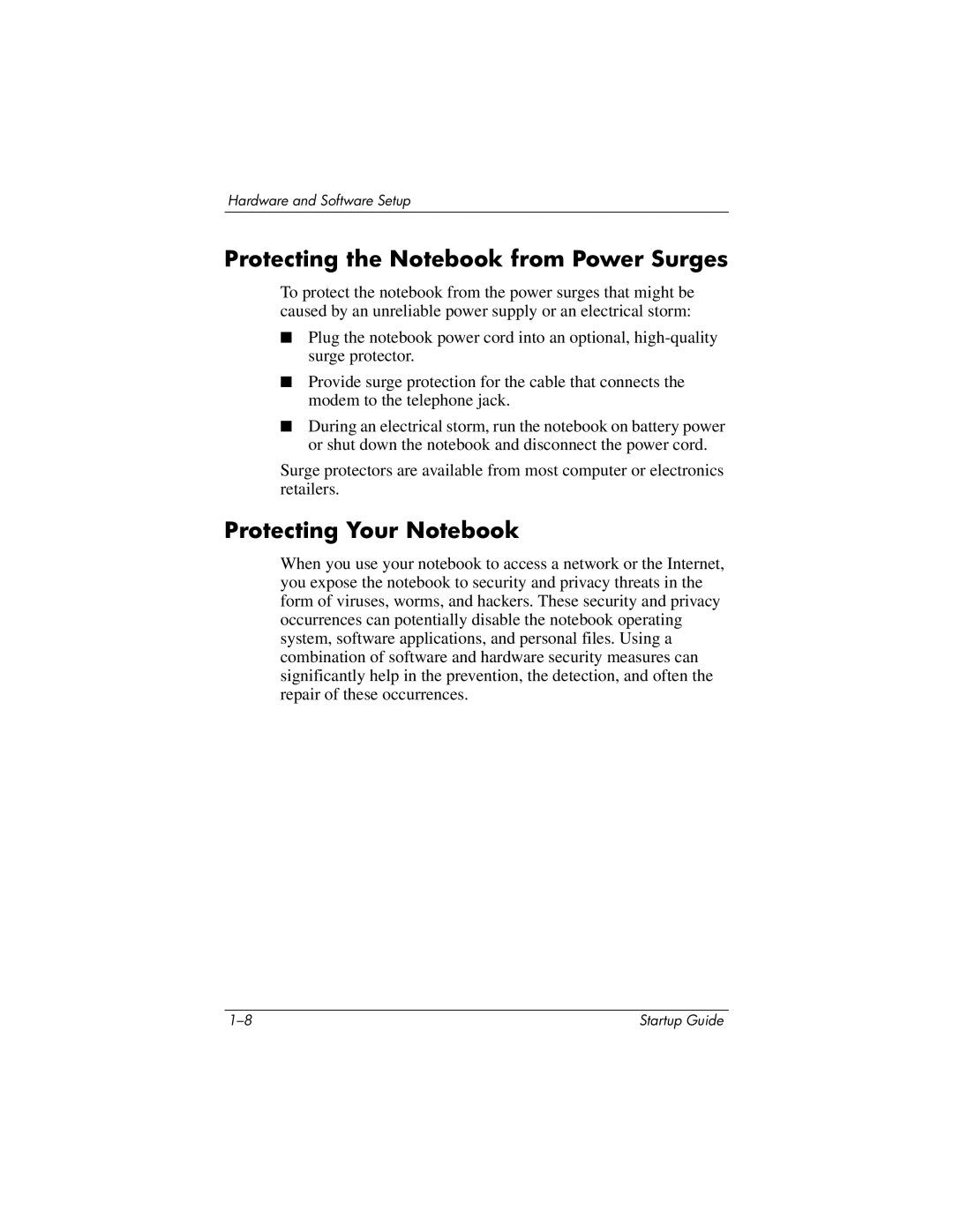 HP R3003AP, R3065US, R3070US, R3060US, R3050US, R3056RS Protecting the Notebook from Power Surges, Protecting Your Notebook 