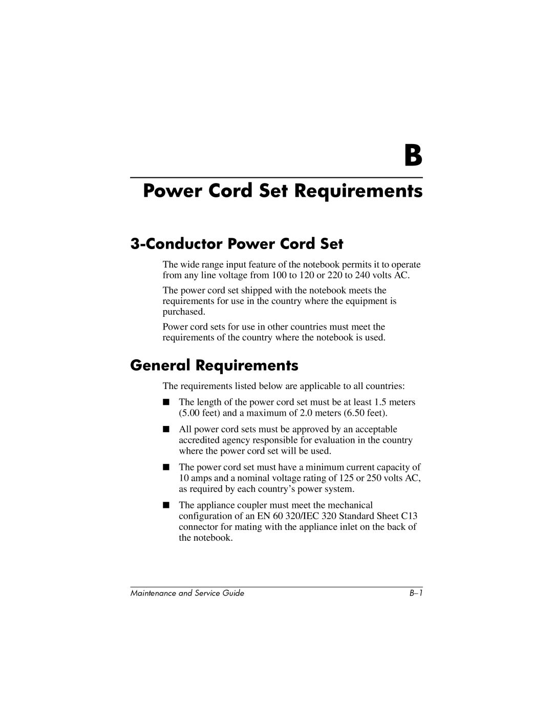 HP R3001, R3065US, R3070US, R3060US, R3050US manual Power Cord Set Requirements, Conductor Power Cord Set, General Requirements 