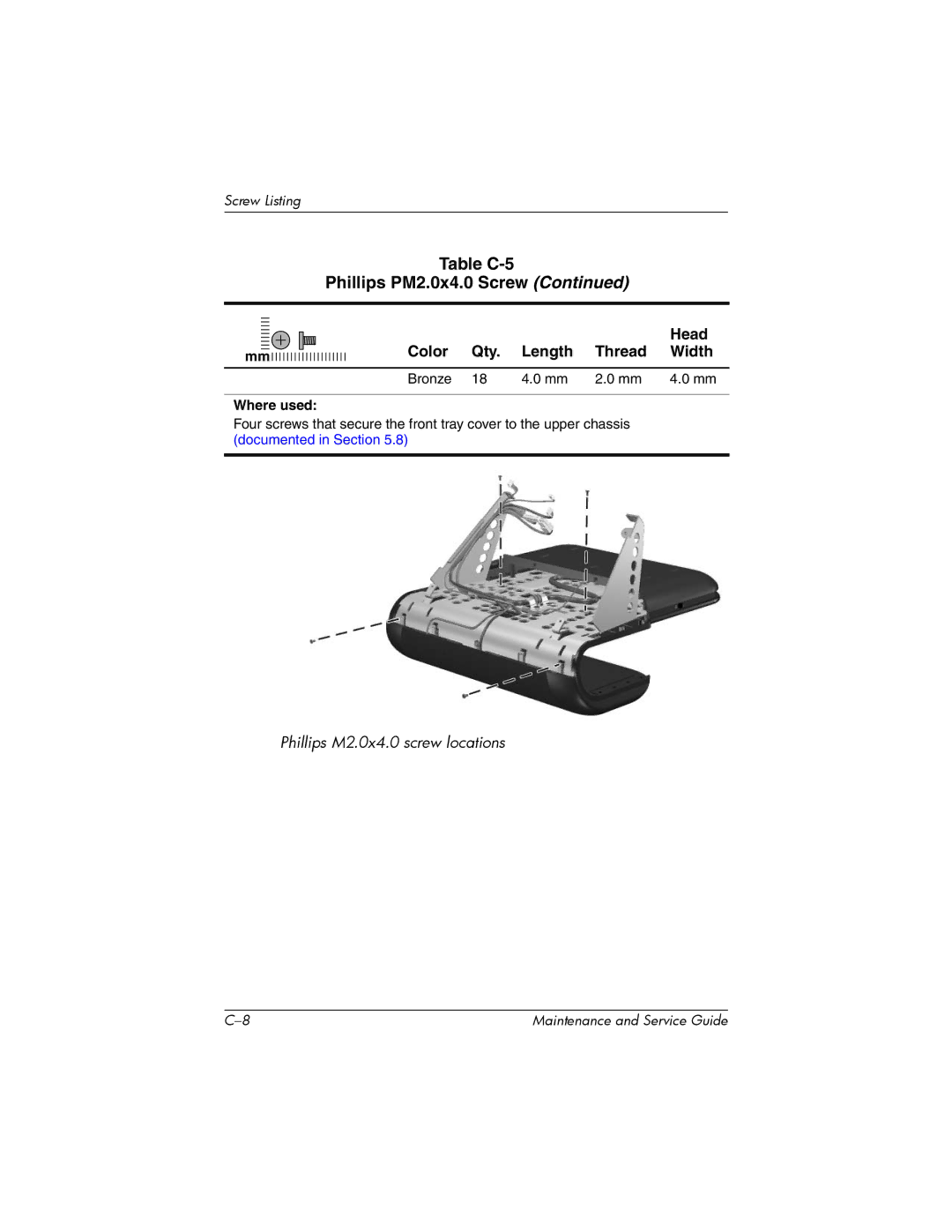 HP R3030EA, R3065US, R3070US, R3060US, R3050US, R3056RS, R3050EA, R3060EA, R3057EA, R3040EA Table C-5 Phillips PM2.0x4.0 Screw 