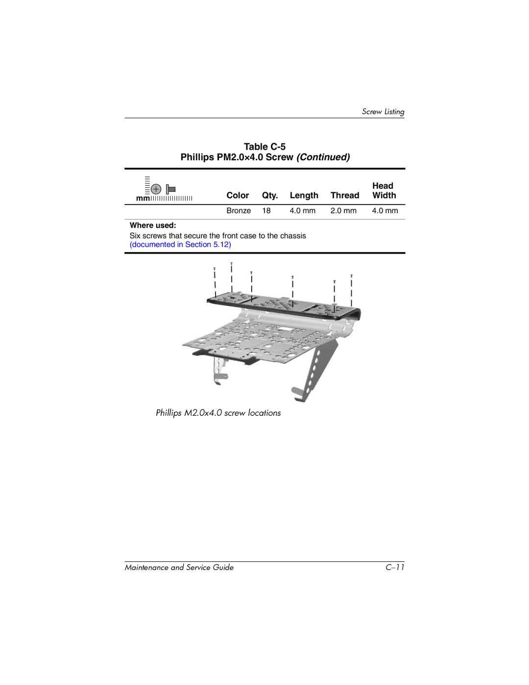 HP R3023AP, R3065US, R3070US, R3060US, R3050US, R3056RS, R3050EA, R3060EA, R3057EA, R3040EA Table C-5 Phillips PM2.0×4.0 Screw 