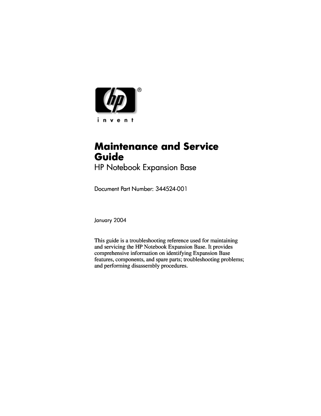 HP R3070US, R3065US, R3001 manual Maintenance and Service Guide, HP Notebook Expansion Base, Document Part Number, January 