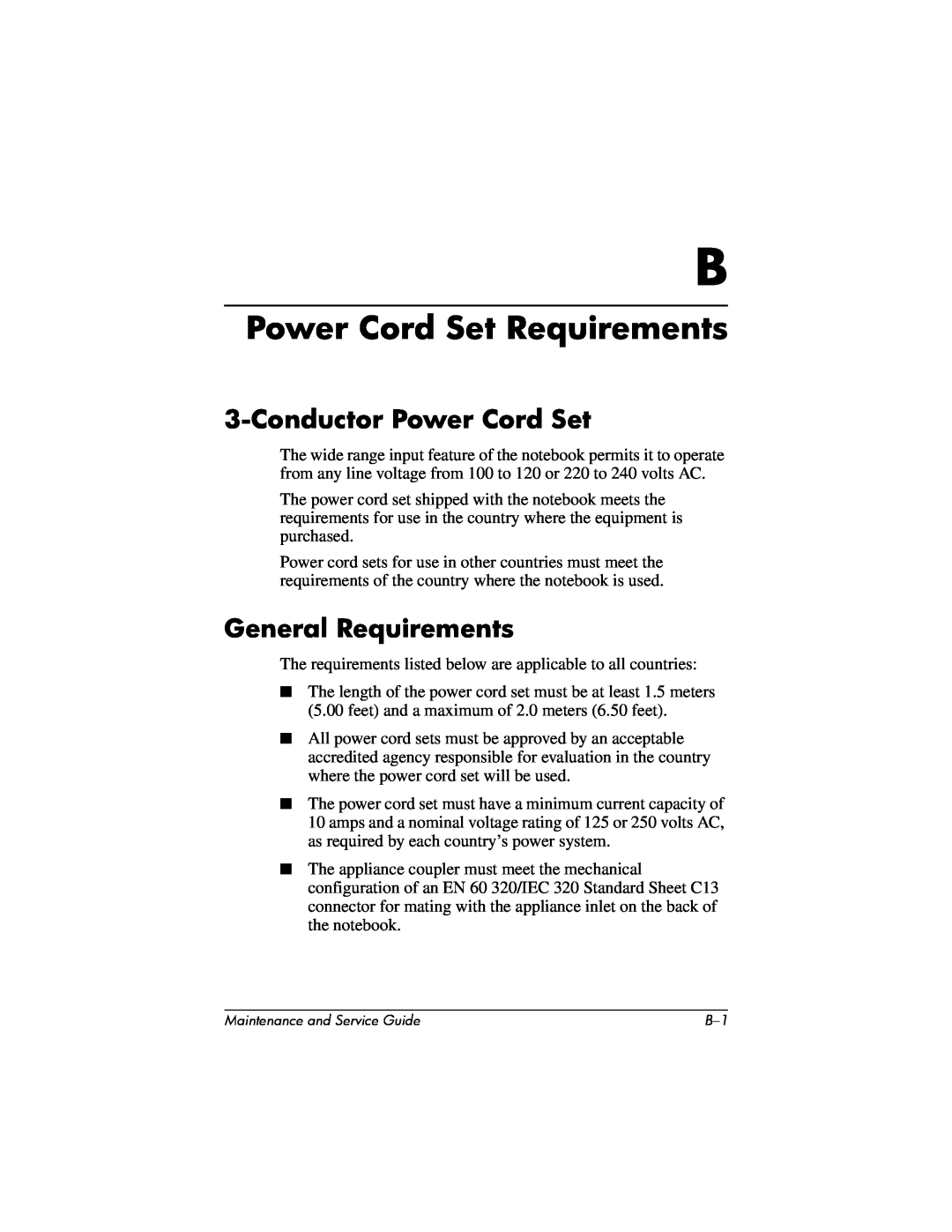 HP R3001, R3065US, R3070US, R3060US, R3050US manual Power Cord Set Requirements, Conductor Power Cord Set, General Requirements 