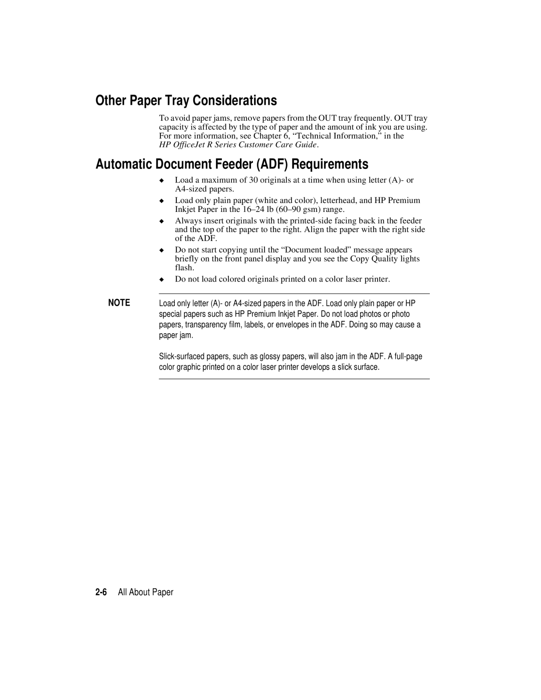 HP r40, r65 manual Other Paper Tray Considerations, Automatic Document Feeder ADF Requirements, 6All About Paper, Paper jam 