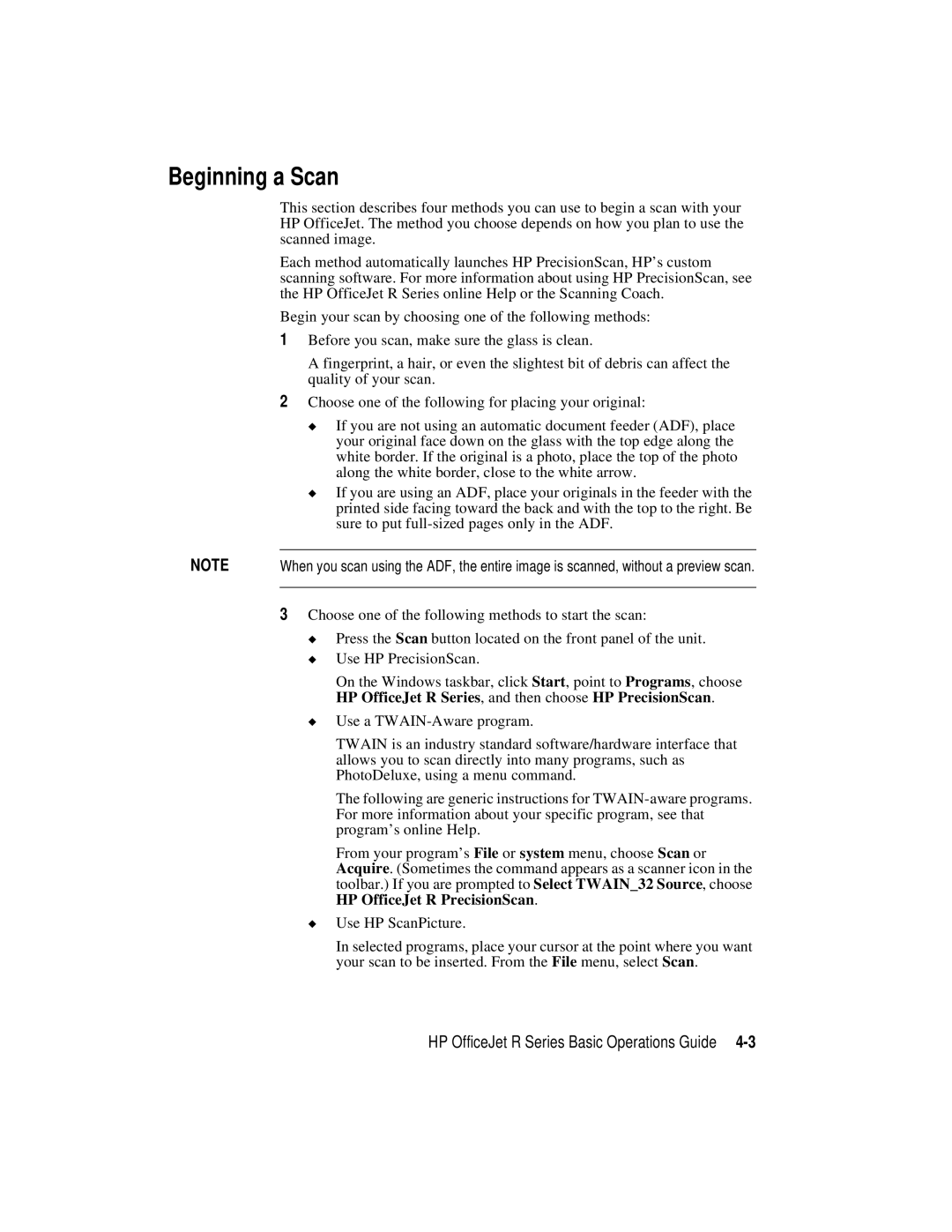 HP r65, r40 manual Beginning a Scan, HP OfficeJet R Series , and then choose HP PrecisionScan, HP OfficeJet R PrecisionScan 