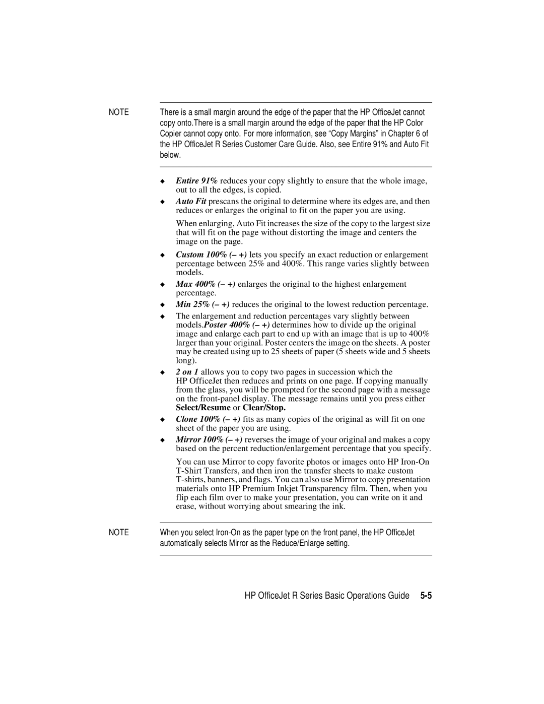 HP r65, r40 manual Below, Select/Resume or Clear/Stop, Automatically selects Mirror as the Reduce/Enlarge setting 