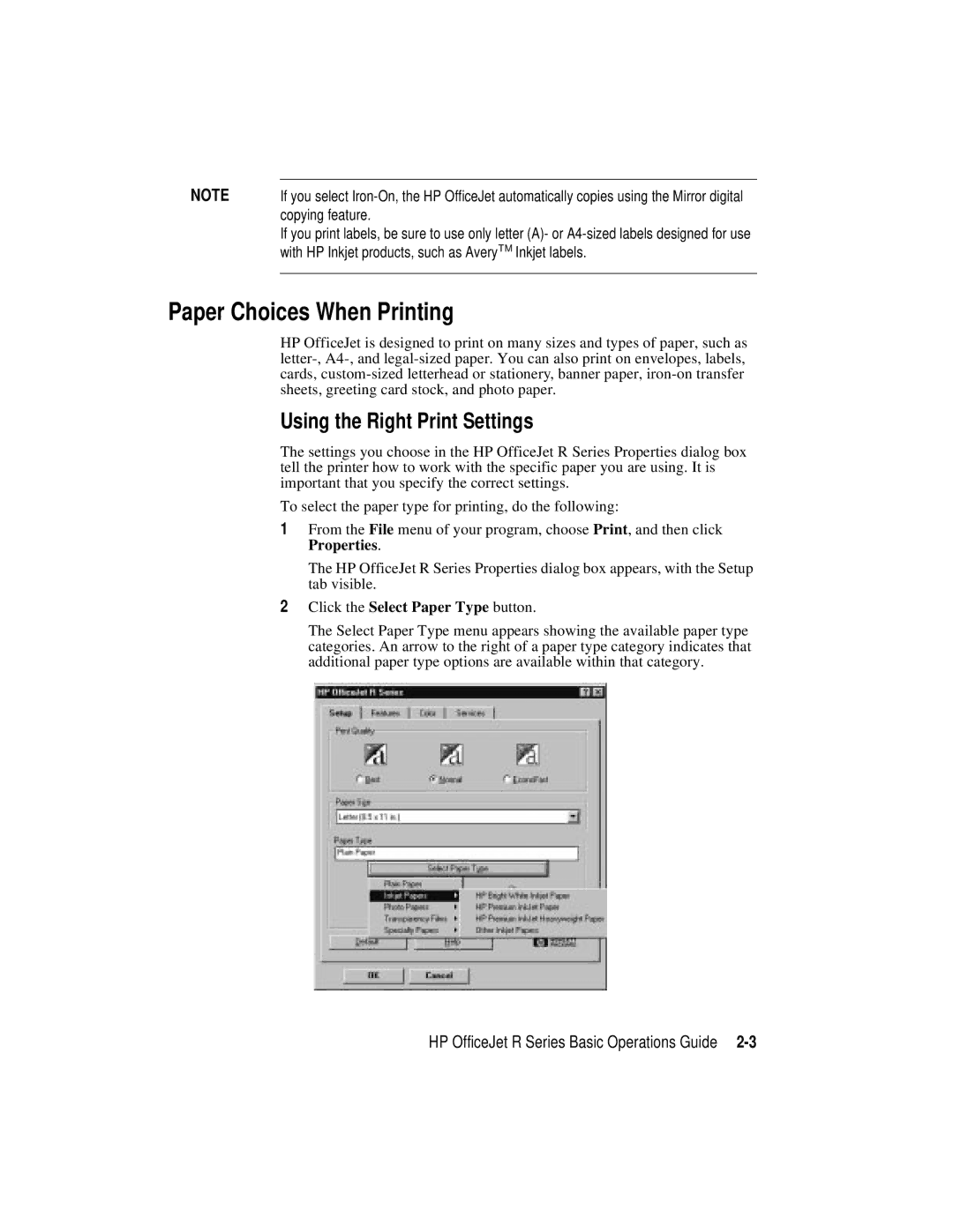 HP r65, r40 manual Paper Choices When Printing, Copying feature, With HP Inkjet products, such as Avery TM Inkjet labels 