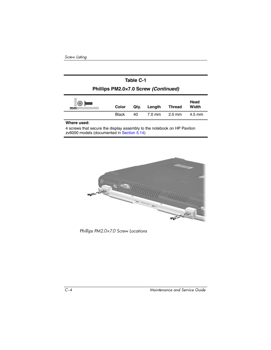 HP R4150EA, R4000, R4001XX, R4003XX, R4012US, R4025US, R4100, R4127US, R4010US manual Table C-1 Phillips PM2.0×7.0 Screw 