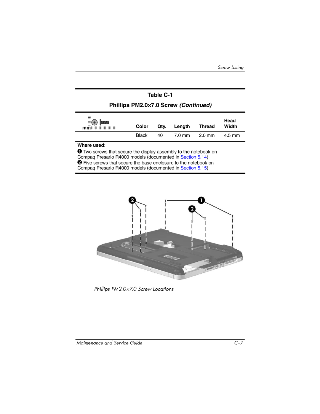 HP R4010US, R4000, R4001XX, R4003XX, R4012US, R4025US, R4150EA, R4100, R4127US manual Table C-1 Phillips PM2.0×7.0 Screw 