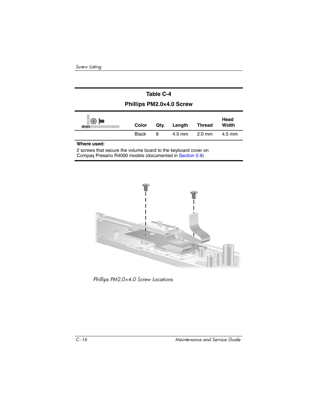 HP R4010US, R4000, R4001XX, R4003XX Table C-4 Phillips PM2.0×4.0 Screw, Color Qty Length Thread Head Width Black Where used 