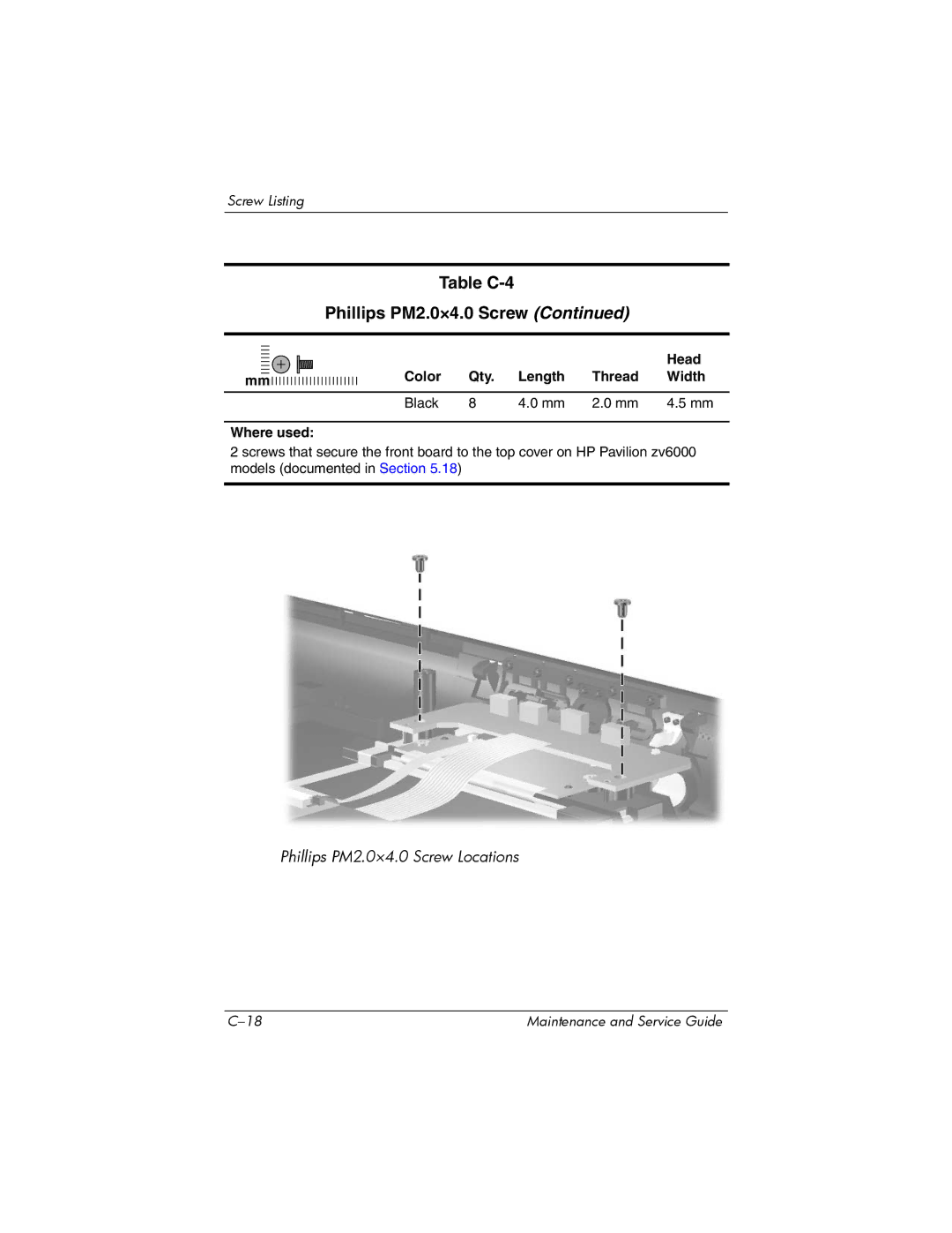 HP R4001XX, R4000, R4003XX, R4012US, R4025US, R4150EA, R4100, R4127US, R4010US manual Table C-4 Phillips PM2.0×4.0 Screw 
