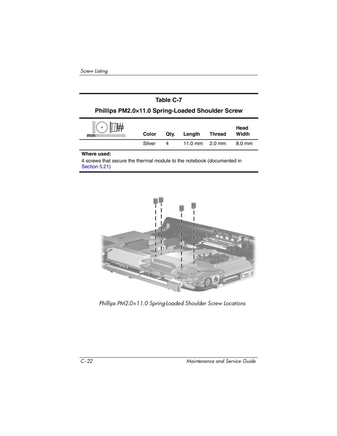 HP R4150EA, R4000, R4001XX, R4003XX, R4012US, R4025US, R4100, R4127US Table C-7 Phillips PM2.0×11.0 Spring-Loaded Shoulder Screw 