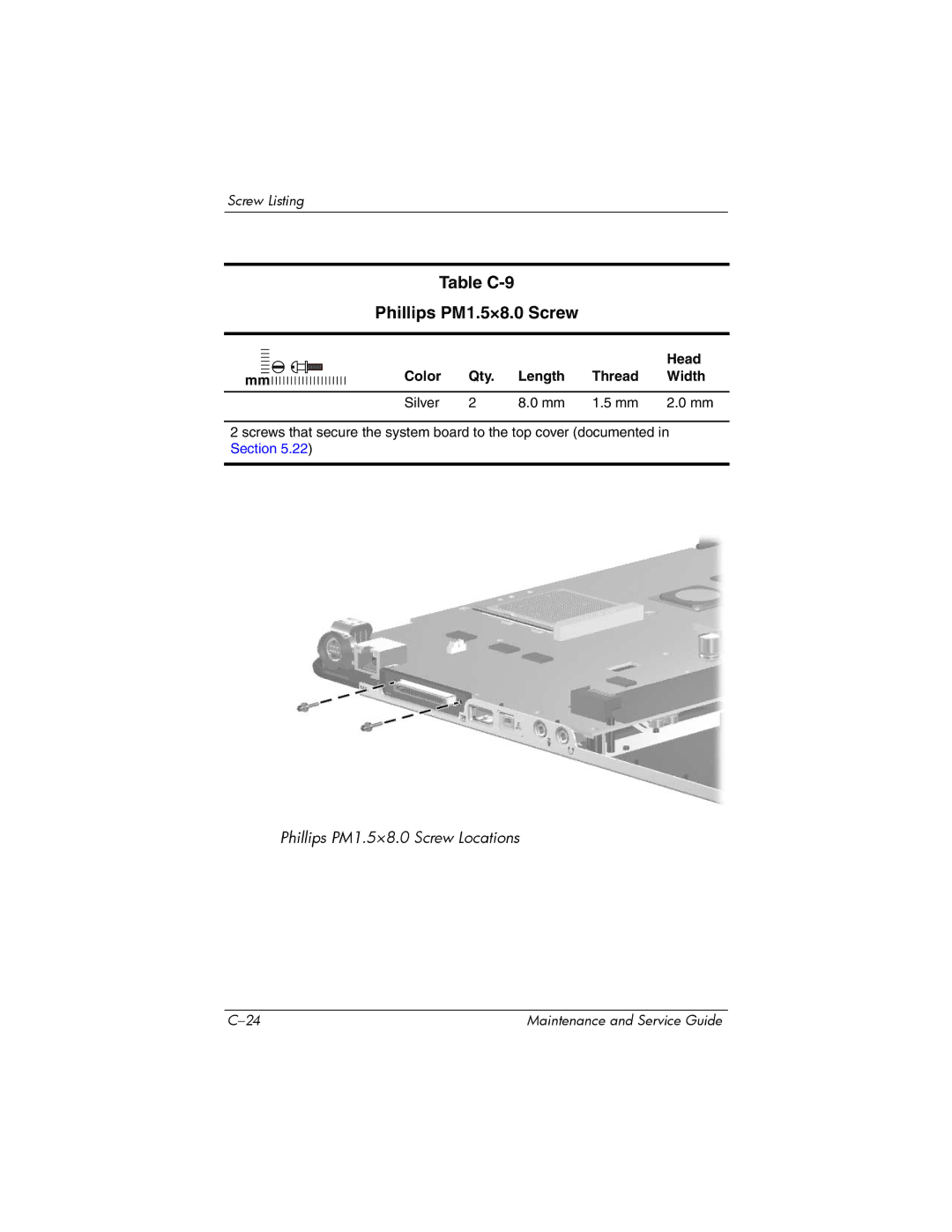 HP R4127US, R4000, R4001XX, R4003XX, R4012US, R4025US, R4150EA, R4100, R4010US manual Table C-9 Phillips PM1.5×8.0 Screw 