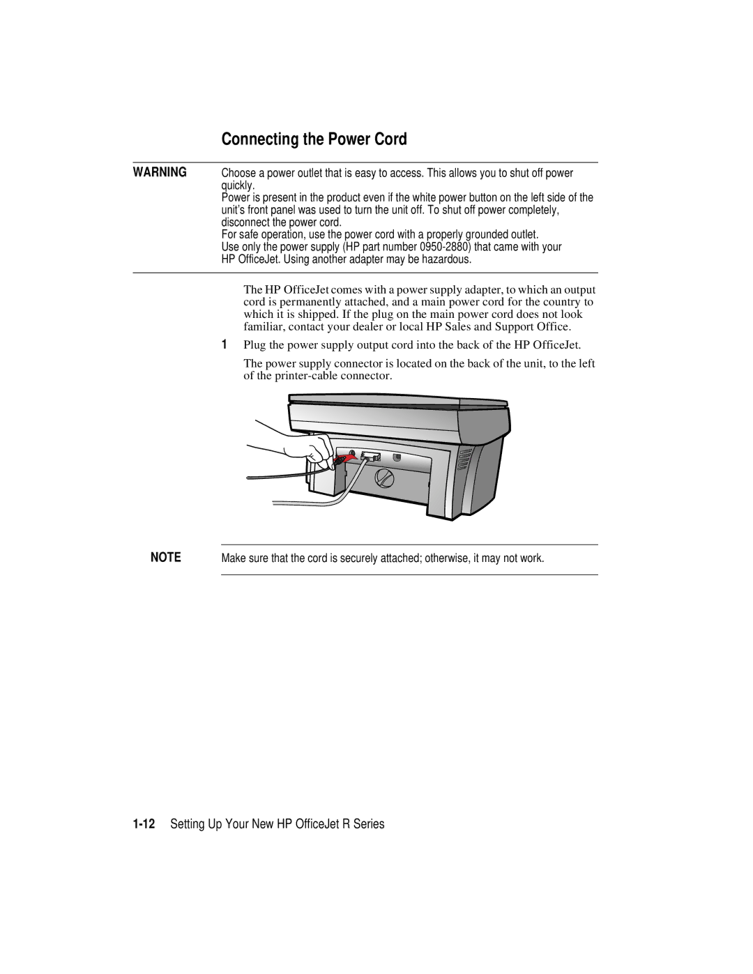 HP r45, r65 manual Connecting the Power Cord, 12Setting Up Your New HP OfficeJet R Series 