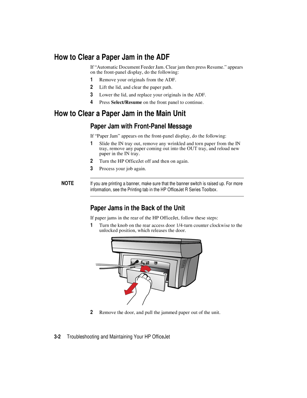 HP r45 How to Clear a Paper Jam in the ADF, How to Clear a Paper Jam in the Main Unit, Paper Jam with Front-Panel Message 