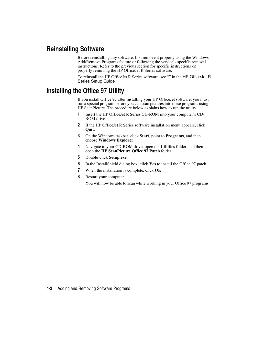 HP r45, r65 manual Reinstalling Software, Installing the Office 97 Utility 