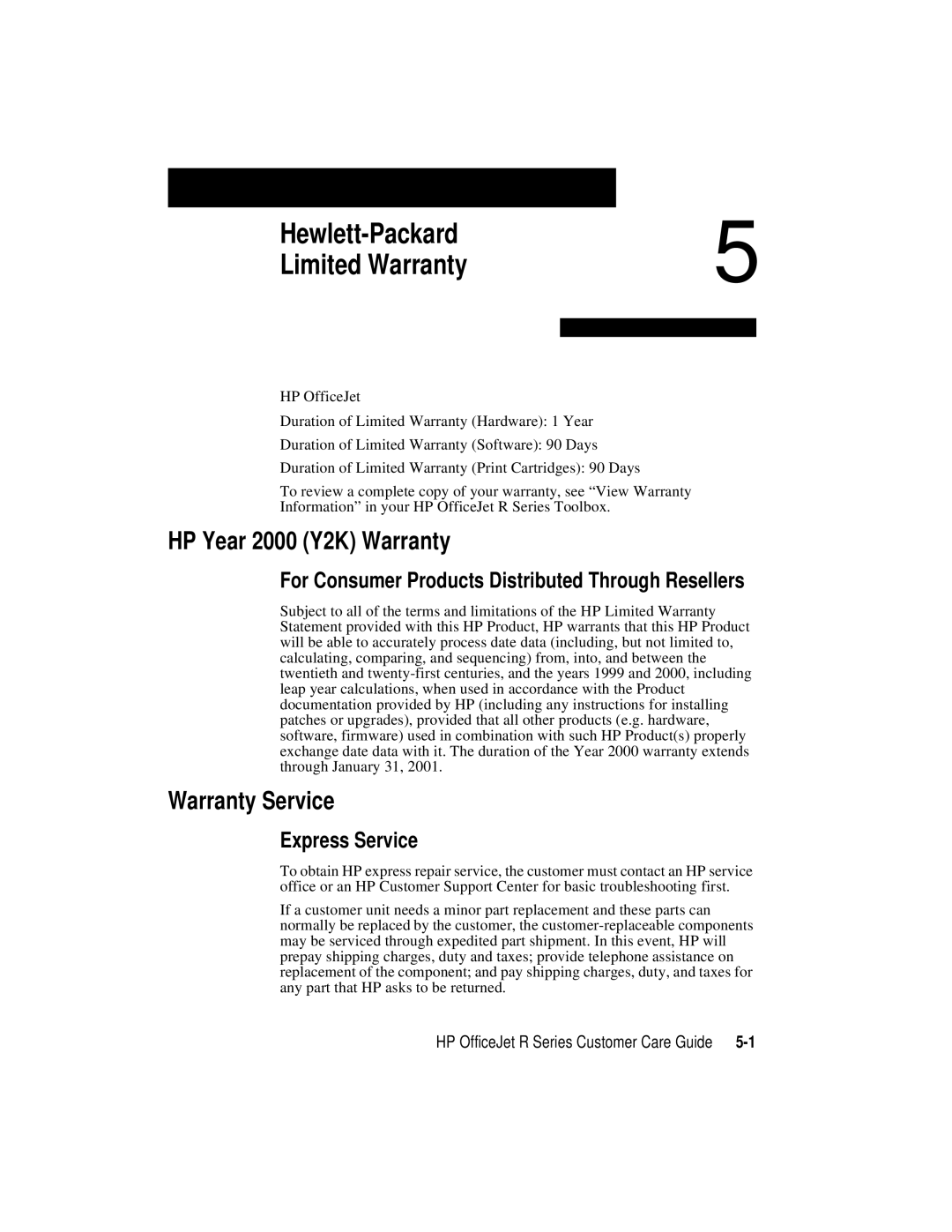 HP r65, r45 manual Hewlett-Packard Limited Warranty, HP Year 2000 Y2K Warranty, Warranty Service, Express Service 