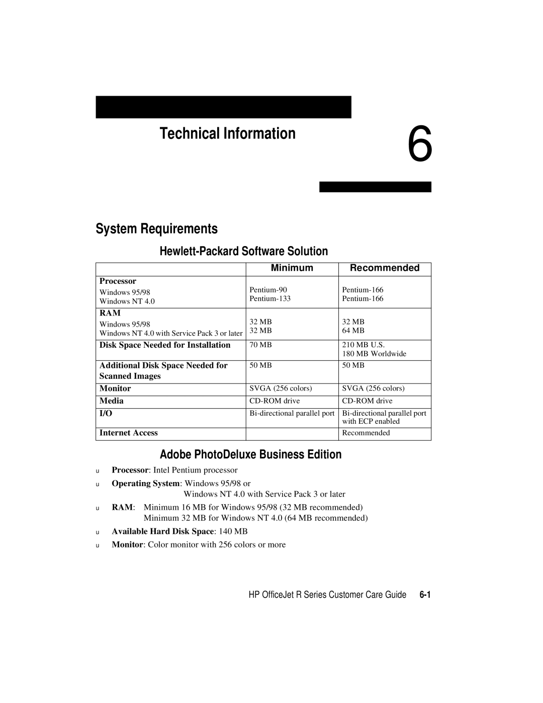 HP r65 Technical Information, System Requirements, Hewlett-Packard Software Solution, Adobe PhotoDeluxe Business Edition 