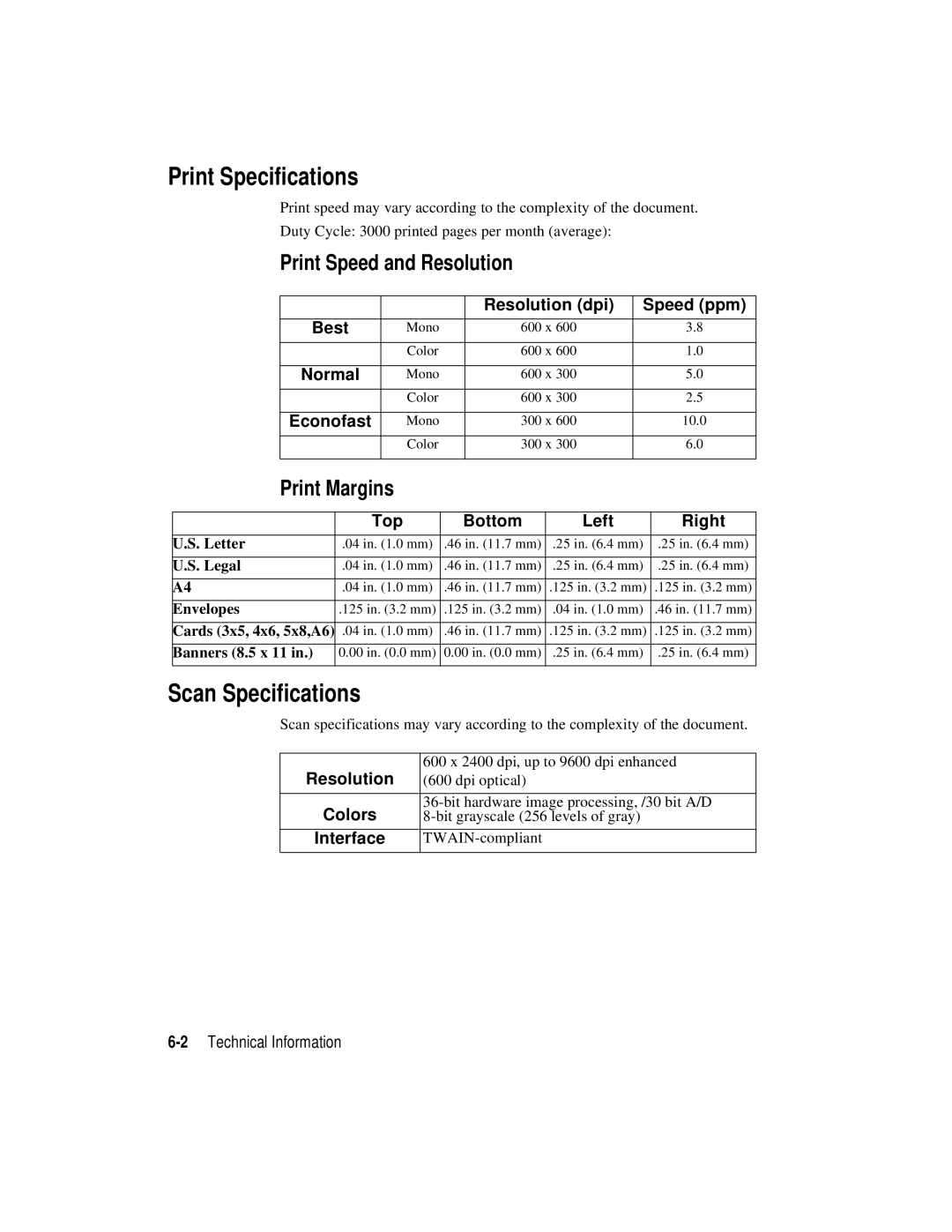 HP r45, r65 manual Print Specifications, Scan Specifications, Print Speed and Resolution, Print Margins 