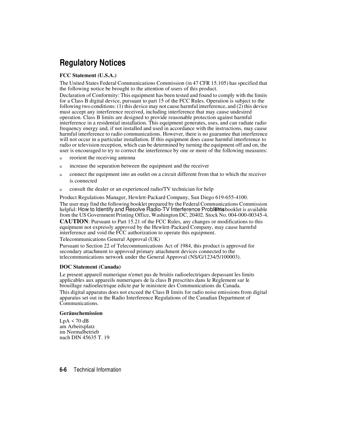 HP r45, r65 manual Regulatory Notices, FCC Statement U.S.A, DOC Statement Canada, Geräuschemission 