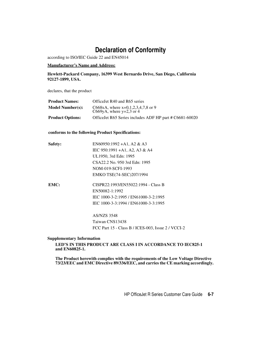 HP r65, r45 manual Declaration of Conformity, Conforms to the following Product Specifications Safety 