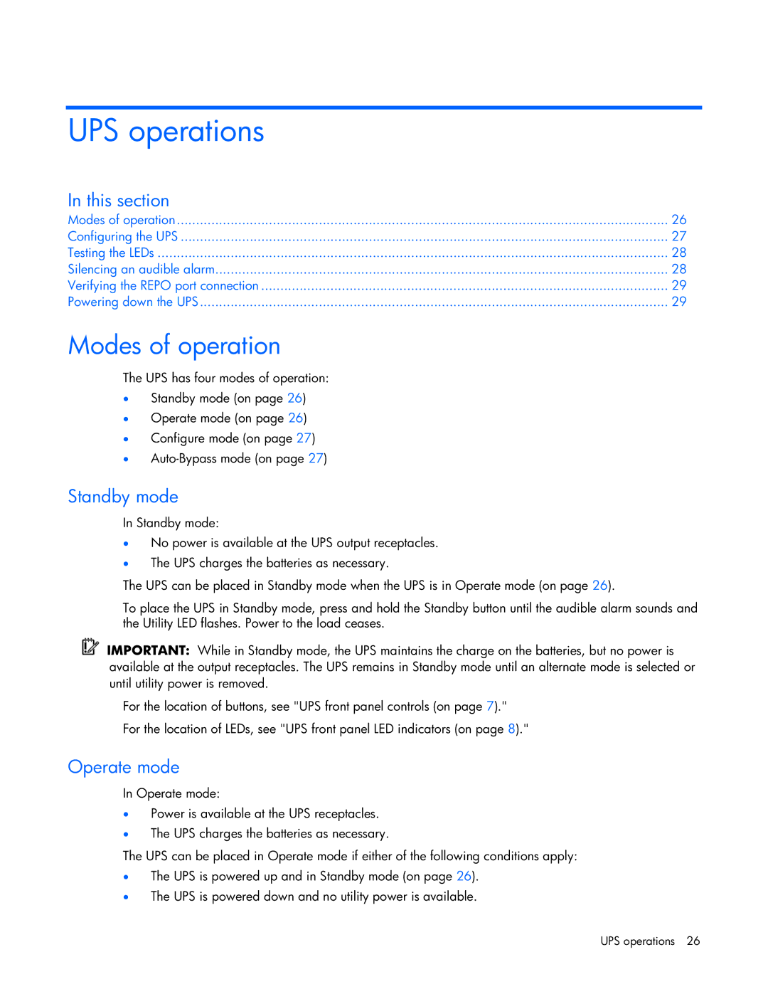 HP R5500 manual UPS operations, Modes of operation, Standby mode, Operate mode 