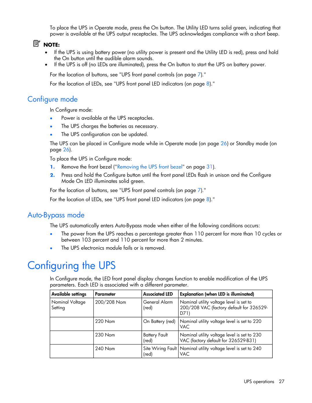 HP R5500 manual Configuring the UPS, Configure mode, Auto-Bypass mode 