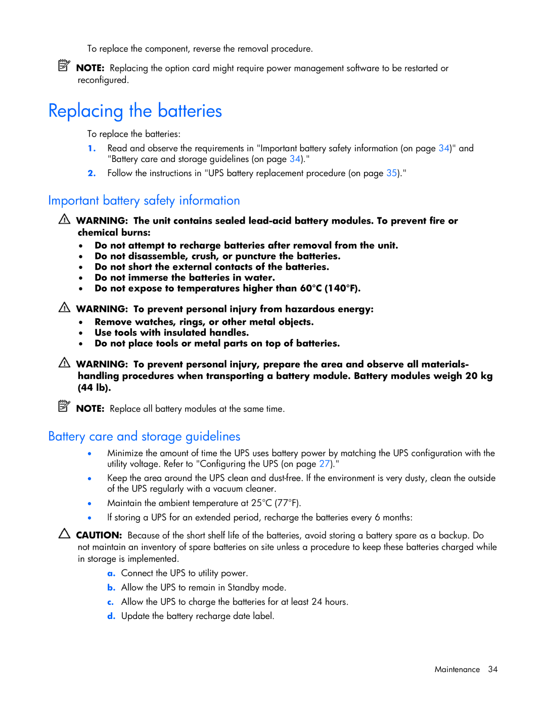 HP R5500 manual Replacing the batteries, Important battery safety information, Battery care and storage guidelines 