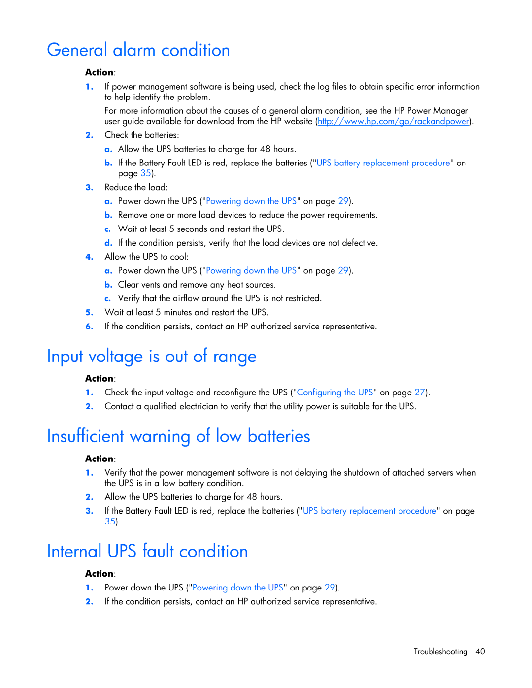 HP R5500 manual General alarm condition, Input voltage is out of range, Insufficient warning of low batteries 