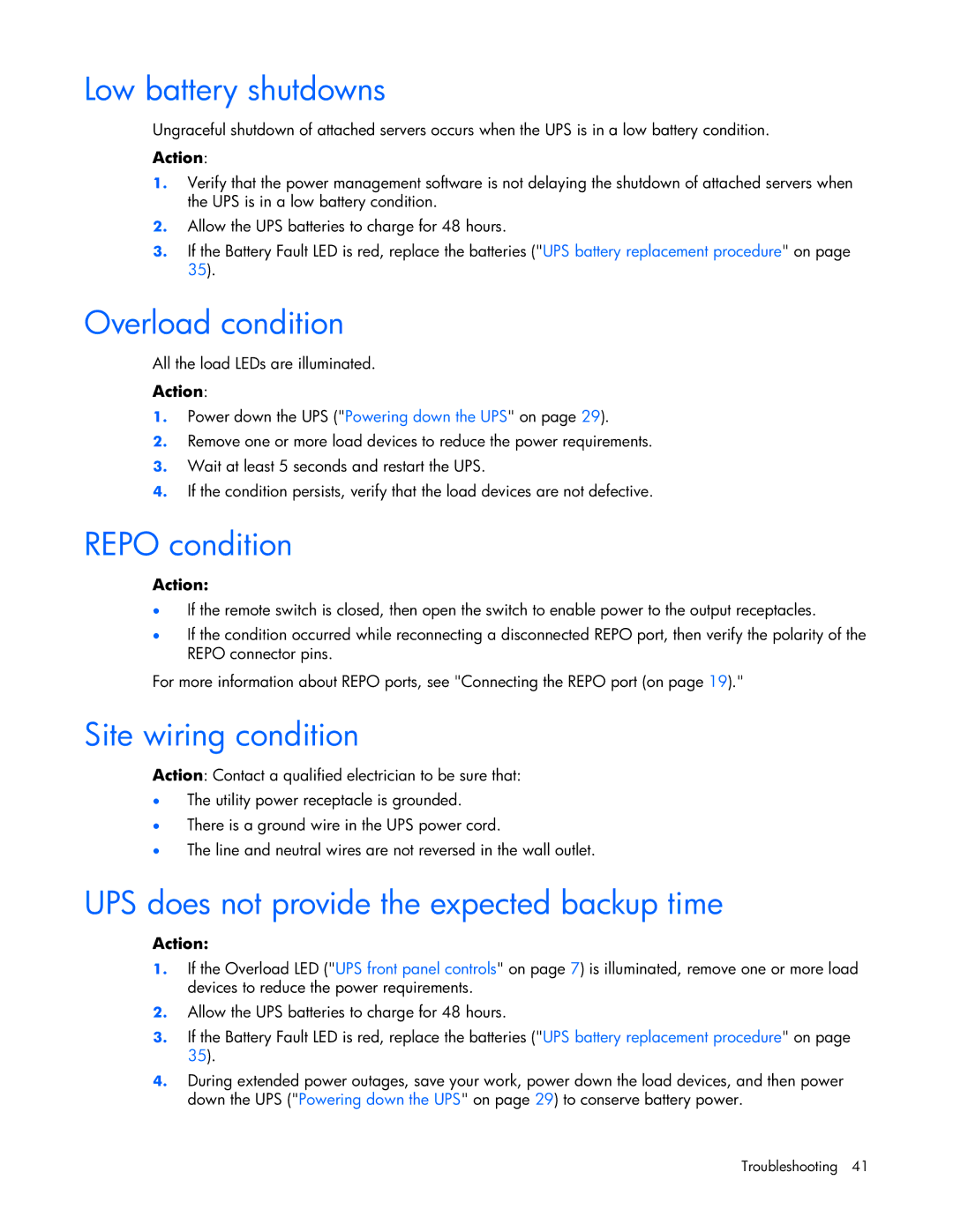 HP R5500 manual Low battery shutdowns, Overload condition, Repo condition, Site wiring condition 