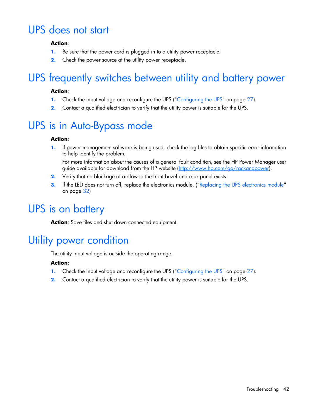 HP R5500 manual UPS does not start, UPS frequently switches between utility and battery power, UPS is in Auto-Bypass mode 