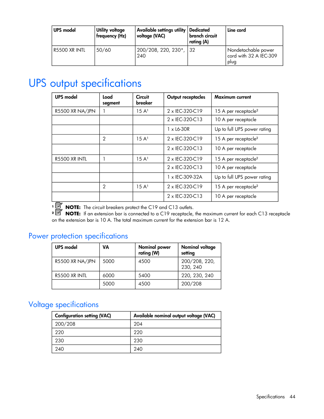 HP R5500 manual UPS output specifications, Power protection specifications, Voltage specifications 