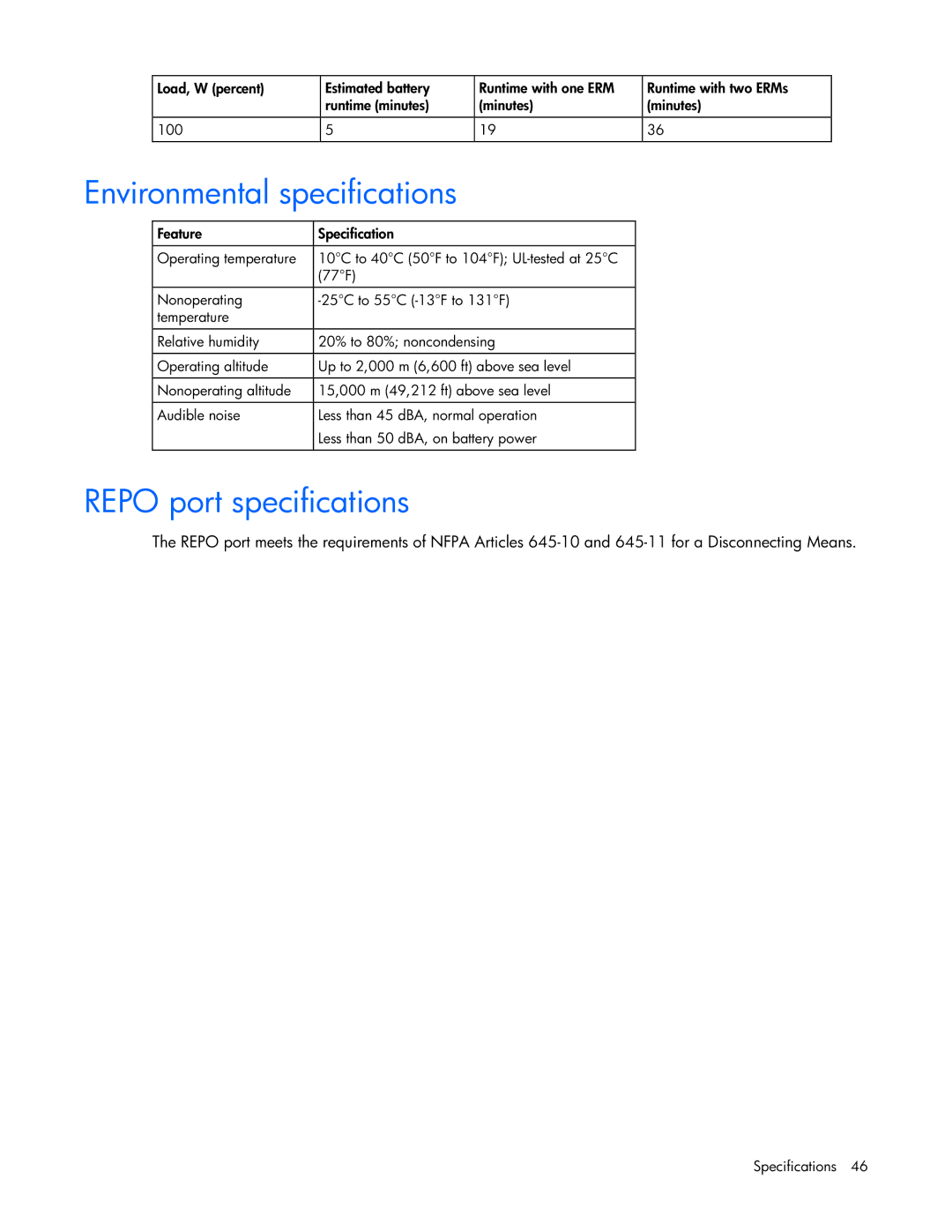 HP R5500 manual Environmental specifications, Repo port specifications 