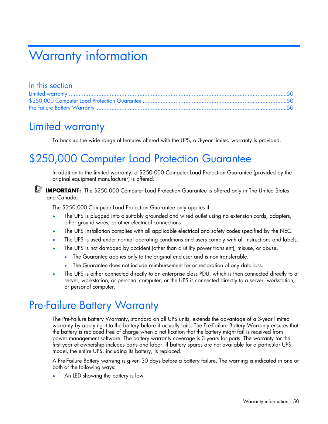 HP R5500 Warranty information, Limited warranty, $250,000 Computer Load Protection Guarantee, Pre-Failure Battery Warranty 