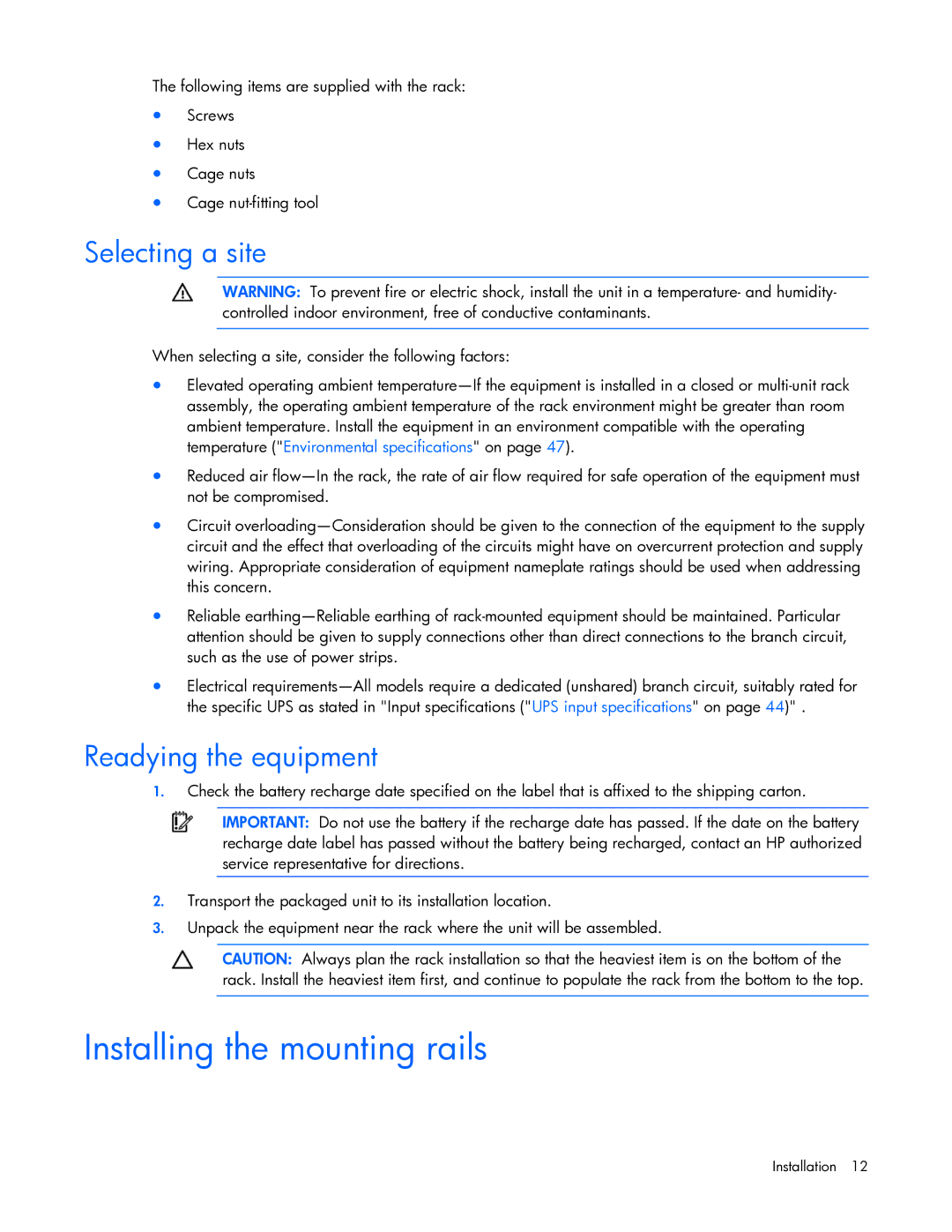 HP R5500 manual Installing the mounting rails, Selecting a site, Readying the equipment 