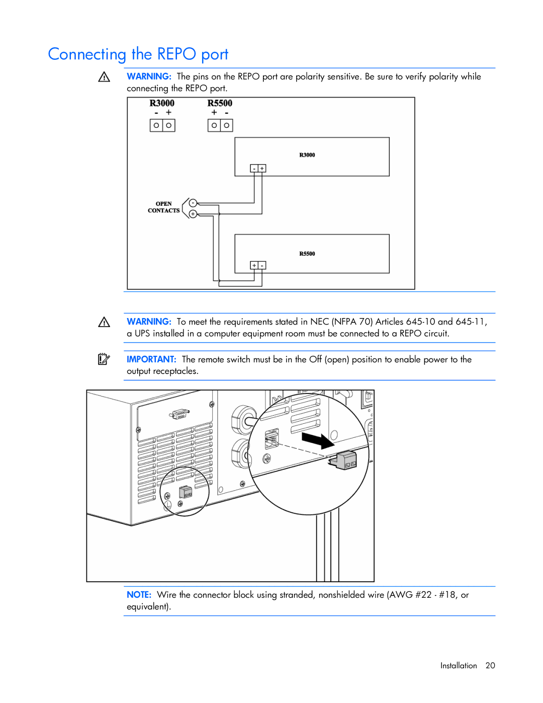 HP R5500 manual Connecting the Repo port 