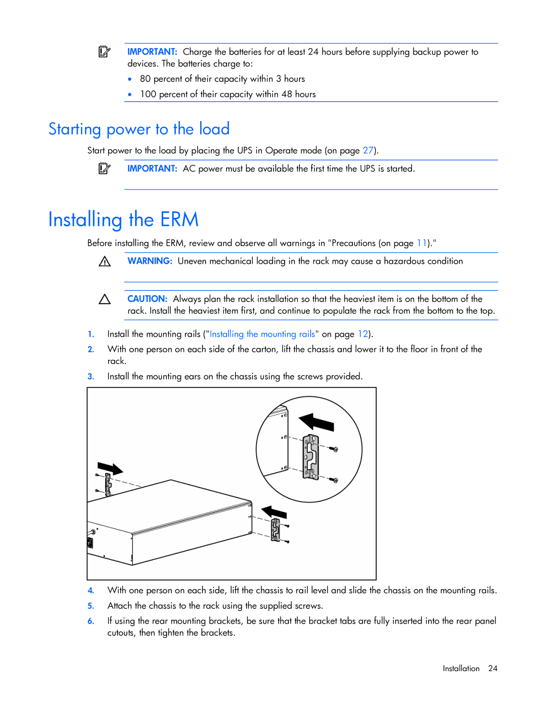 HP R5500 manual Installing the ERM, Starting power to the load 