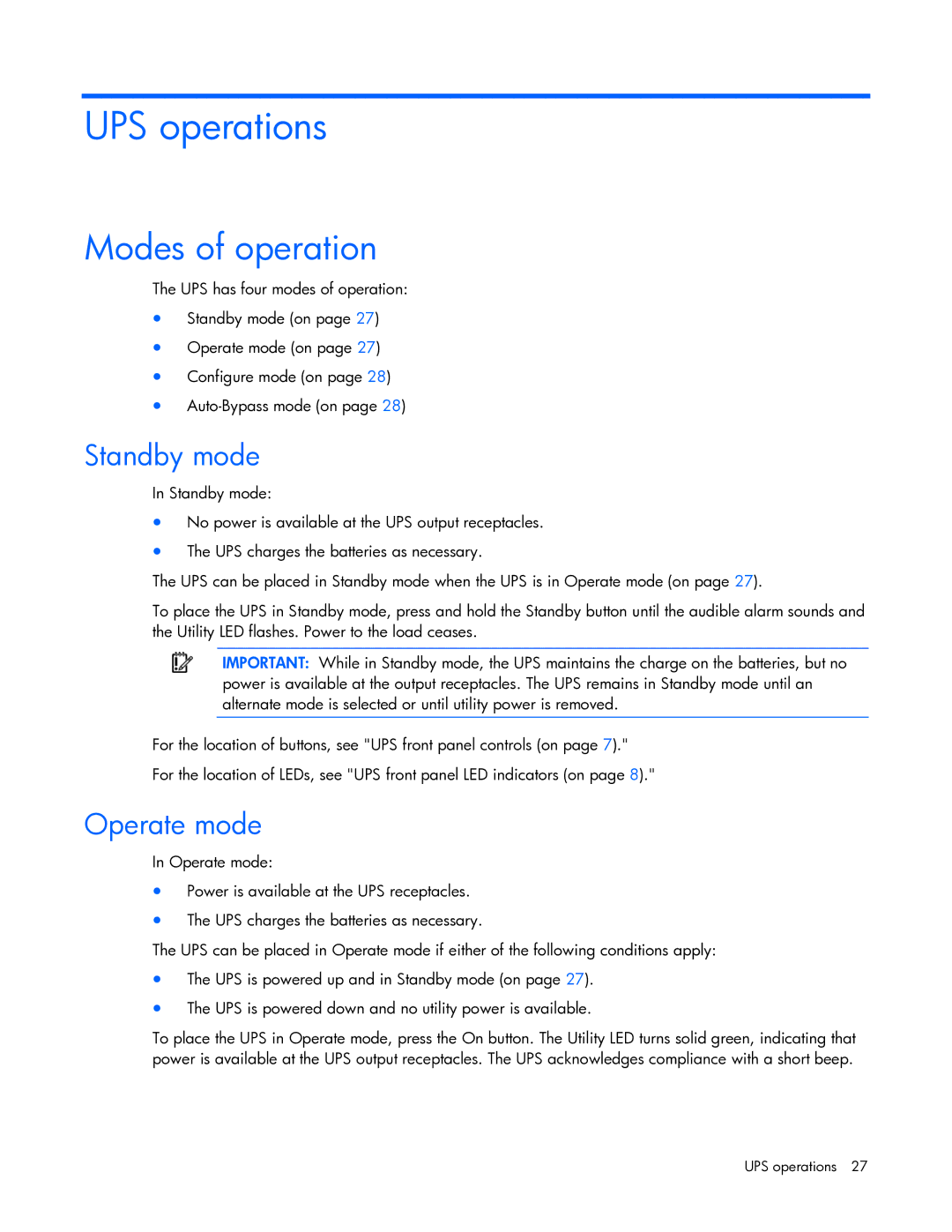HP R5500 manual UPS operations, Modes of operation, Standby mode, Operate mode 
