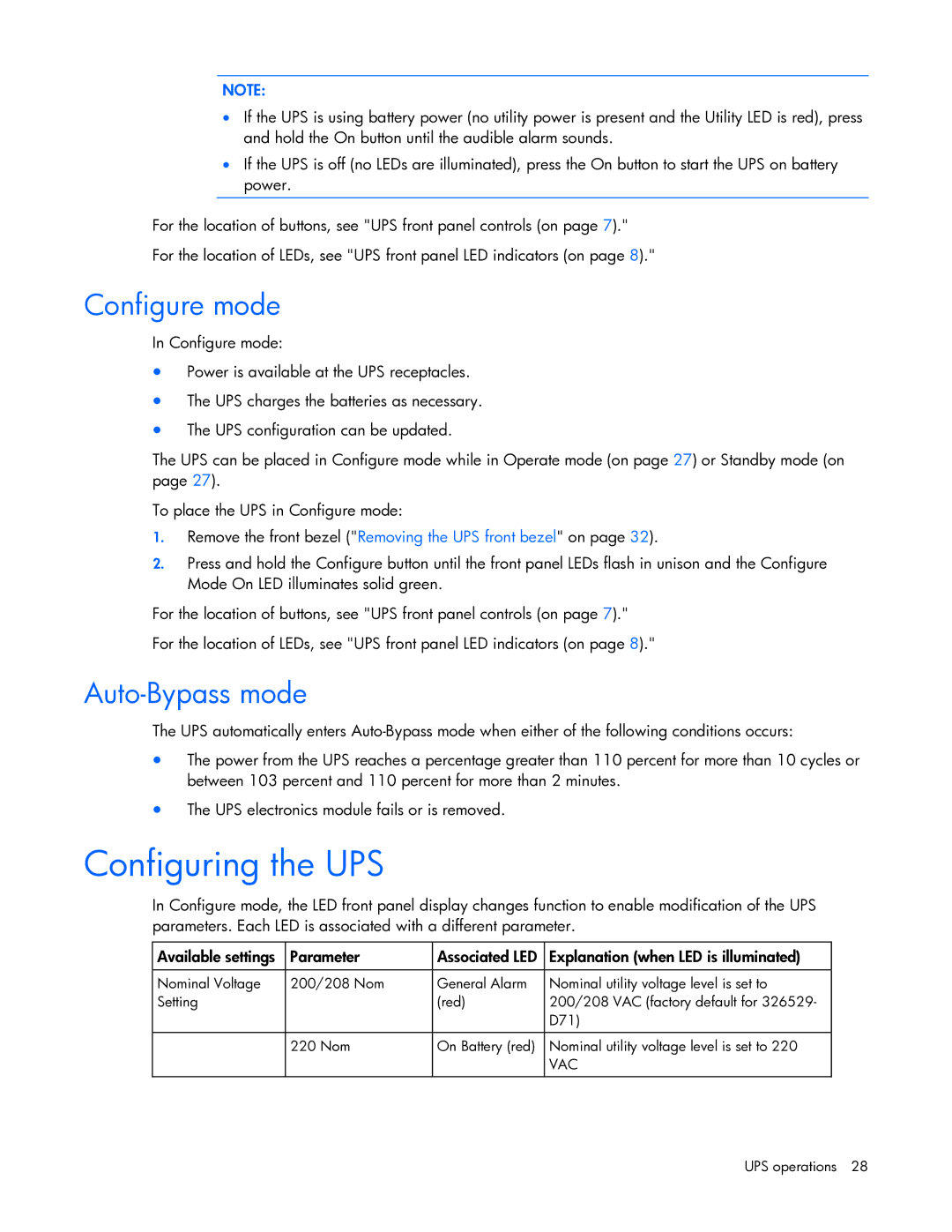 HP R5500 manual Configuring the UPS, Configure mode, Auto-Bypass mode, Explanation when LED is illuminated 