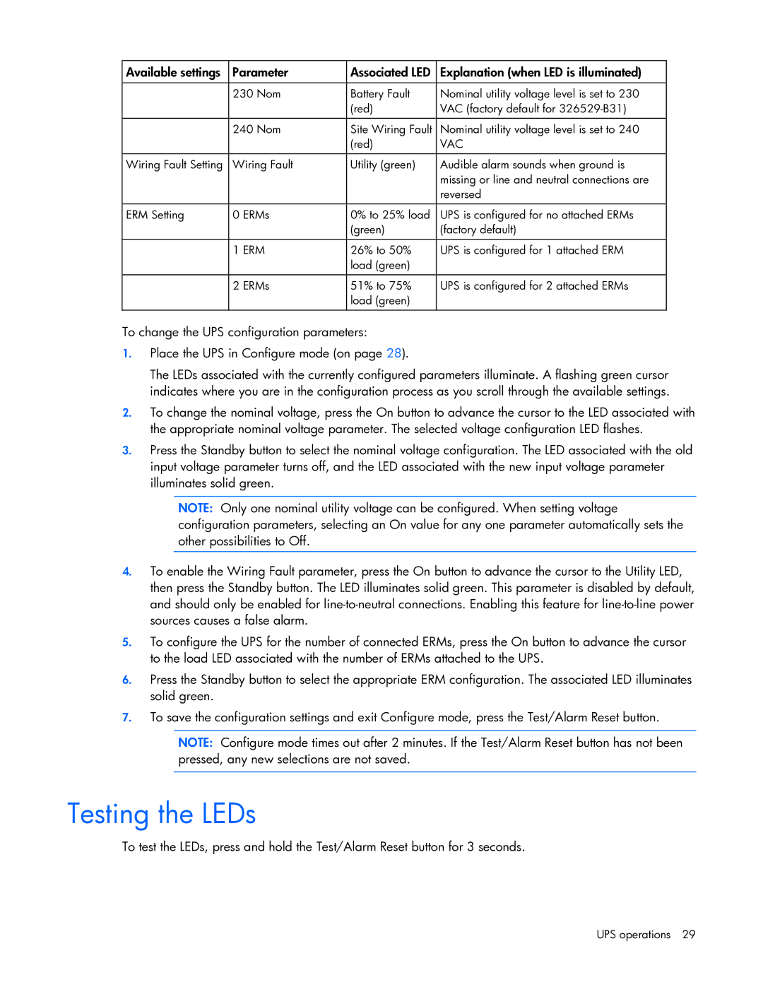 HP R5500 manual Testing the LEDs, Available settings Parameter 