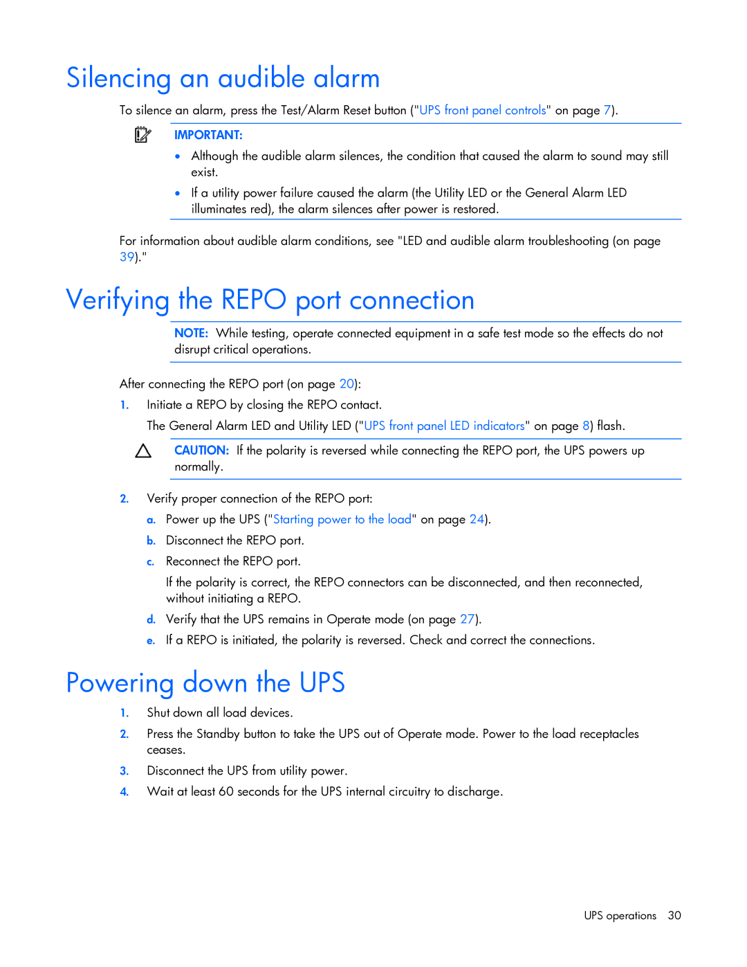 HP R5500 manual Silencing an audible alarm, Verifying the Repo port connection, Powering down the UPS 