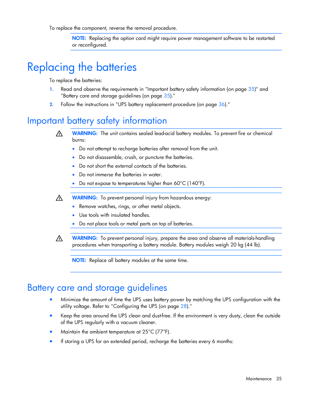 HP R5500 manual Replacing the batteries, Important battery safety information, Battery care and storage guidelines 