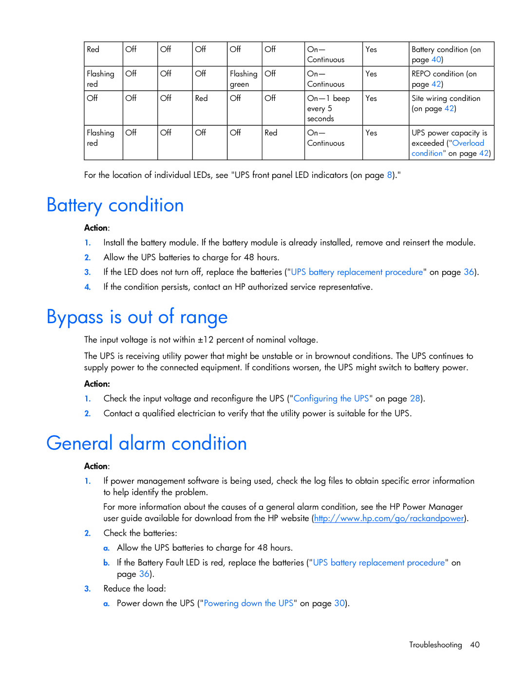 HP R5500 manual Battery condition, Bypass is out of range, General alarm condition 